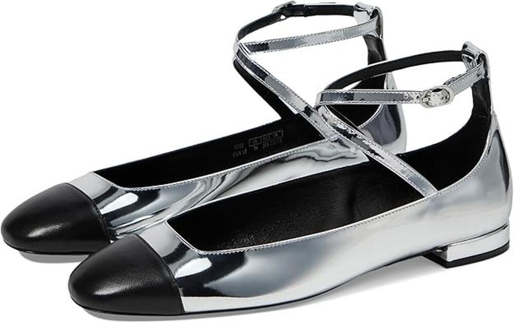 Stuart Weitzman Eden Flats Silver Black Cap Toe Ankle Strap Leather Womens 6 NIB